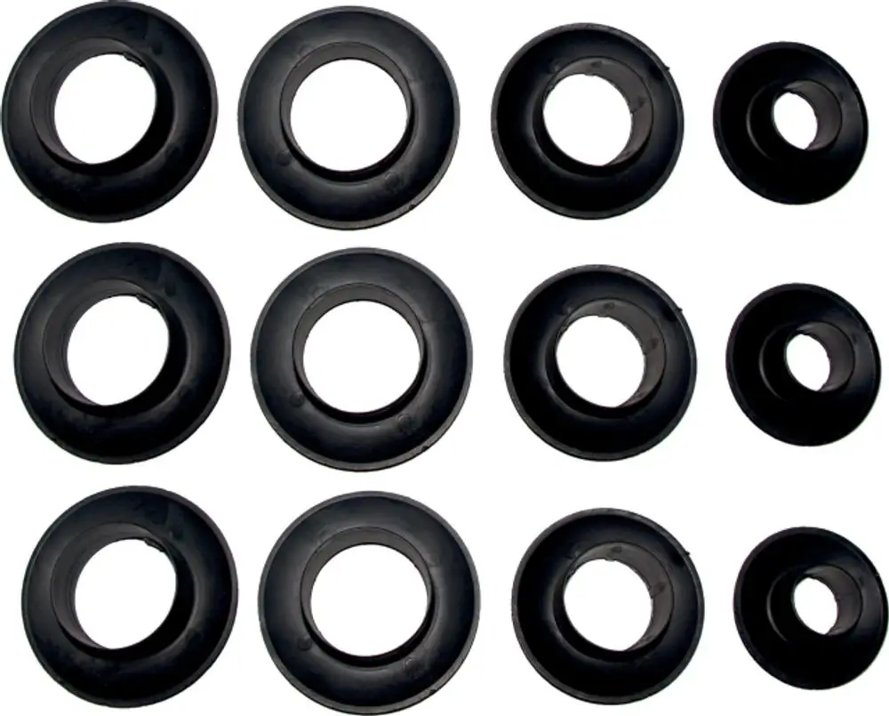 Schwarze Gummi-Rosetten, angeordnet in zwei Reihen. Die Teile eignen sich für verschiedene Anwendungen und sind in verschiedenen Größen verfügbar. Marke: Wolf.